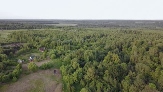 Aerial-view-of-the-Russian-forest,-river-and-steppe-overlooking-an-abandoned-Church-and-architectural-objects