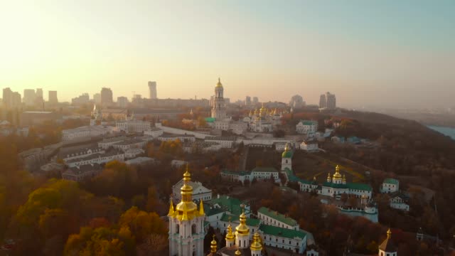 Architecture-Kiev-Pechersk-Lavra-on-sunset,-aerial