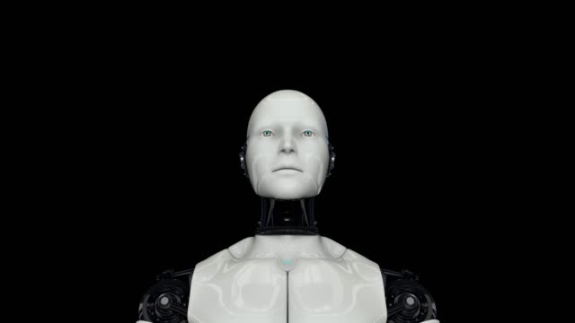 Aktiver-humanoider-Roboter-auf-schwarzem-Hintergrund.-Künstliche-Intelligenz.-Die-Kamera-nähert-sich-dem-Roboter.-4K.-3D-Animation.