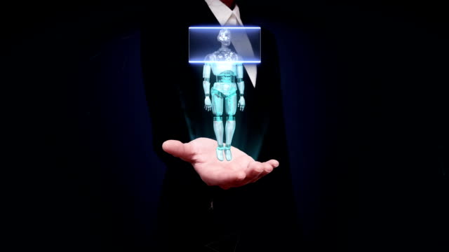 Geschäftsfrau-offene-Hand,-Scannen-rotierenden-halb-Transparenz-3D-Roboter-Körper.