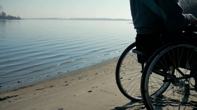 físicamente-discapacitados-se-encuentra-en-silla-de-ruedas,-naturaleza-en-el-paseo-marítimo-cerca-de-río