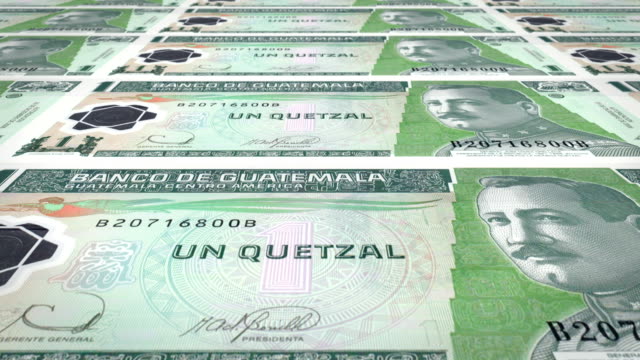 Banknoten-der-ein-guatemaltekischer-Quetzal-von-Guatemala-Rollen,-Bargeld,-Schleife