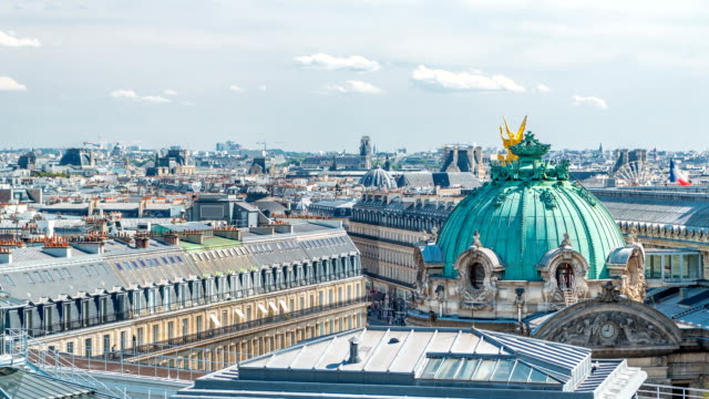 Top-view-of-Palais-or-Opera-Garnier-The-National-Academy-of-Music-timelapse-in-Paris,-France