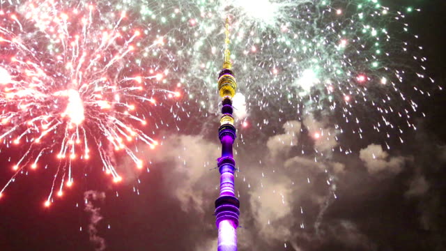 Fireworks-over-the-Television-(Ostankino)-tower,-Moscow,-Russia