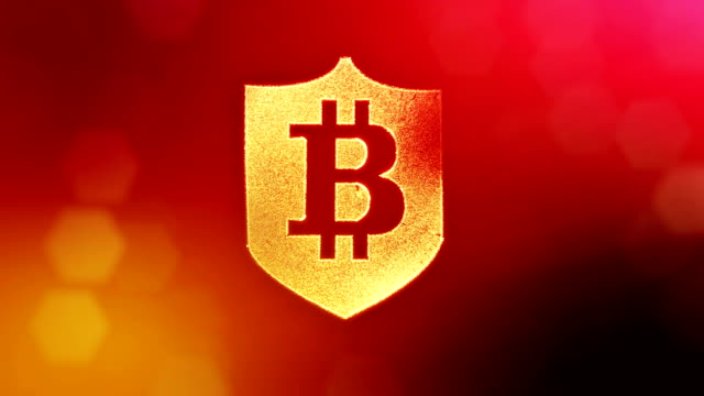 Bitcoin-Logo-in-den-Schild.-Finanzieller-Hintergrund-aus-Glühen-Teilchen-als-Vitrtual-Hologramm.-Glänzende-Schleife-3D-Animation-mit-Tiefe-Feld,-Bokeh-und-Kopie.-Roten-Hintergrund-v1