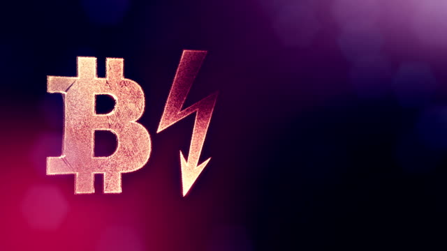 bitcoin-icon-and-lightning-bolts.-Financial-background-made-of-glow-particles-as-vitrtual-hologram.-Shiny-3D-seamless-animation-with-depth-of-field,-bokeh-and-copy-space.Violet-background-1