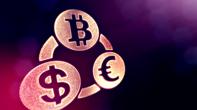 Symbol-Bitcoin-Euro-und-Dollar-in-eine-kreisförmige-Reihe.-Finanziellen-Hintergrund-Glühen-Teilchen-gemacht.-Glänzende-nahtlose-3D-Animation-mit-Tiefe-von-Feld,-Bokeh-und-Kopie-Raum.-Violette-Farbe-V2