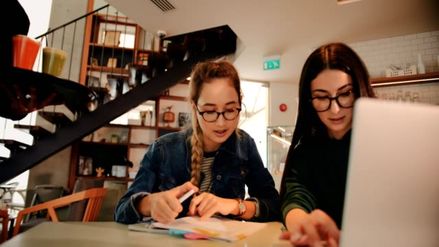 Young-teenage-girls-studying-together-using-laptop-at-urban-café