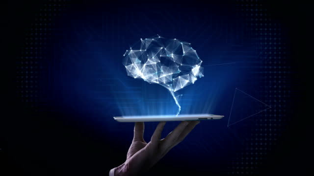 Anhebende-Smart-Pad,-Tablet,-Gehirn-Verbindungslinien-zwischen-den-digitalen,-künstliche-Intelligenz-zu-wachsen.-4-k-Film.