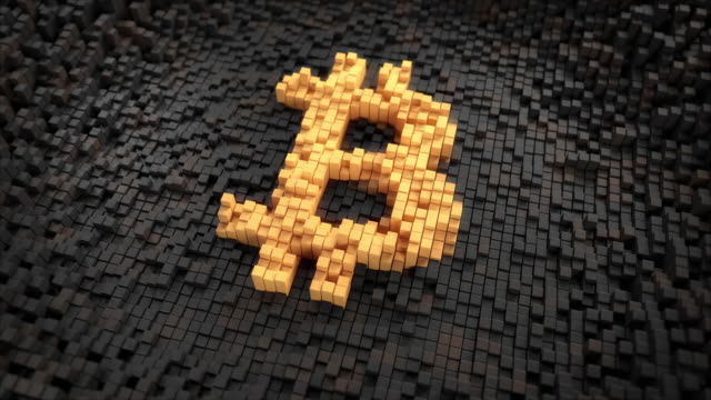 Close-up-Schuss-von-pulsierenden-Blöcke-bilden-eine-goldene-Bitcoin-Zeichen