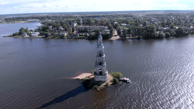 Famous-flooded-belfry-Kalyazin-Russia-Aerial-view