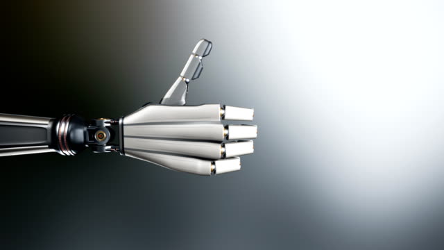 Roboter-Hand-Daumen-aufgeben.-Futuristische-Cyborg-Metall-glänzt,-abstrakte-dunklen-Hintergrund,-60fps-Animation,-alpha-Matte.