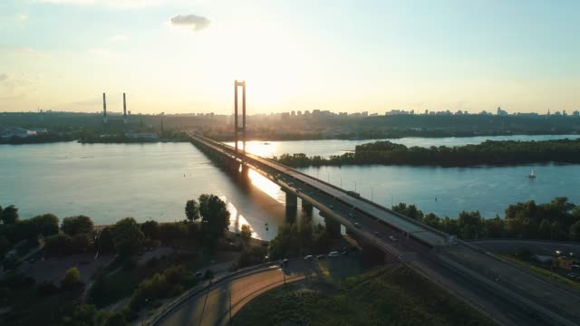 Aerial-drone-footage.-Fly-backward-south-bridge-in-kyiv-wide-shot