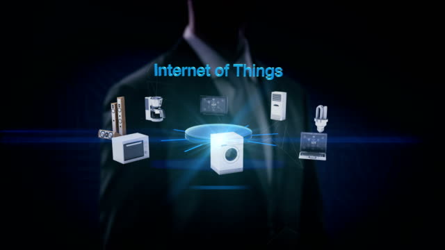 Businessman-touching-'Internet-of-things'-connecting-monitor,-microwave,-light-bulb,-washer,-air-conditioner,-audio,-coffee-pot,--smart-Home-Appliances,-4k-movie.