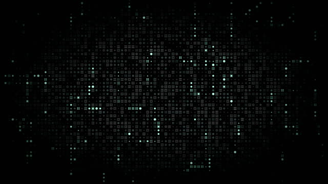 Bright-blue-glowing-computer-symbols-appear-on-technology-data-stream-grid