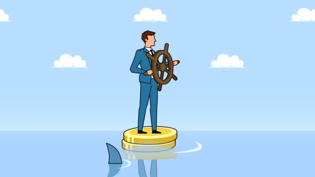 Flat-cartoon-businessman-character-with-helm-wheel-floating-on-dollar-coins-near-shark-businesss-control-concept-animation