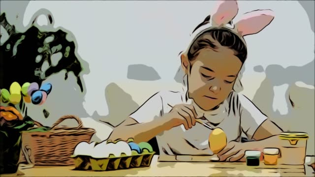 Little-playful-girl,-wearing-bunny-ears-on-her-head-is-choosing-an-a-red-colour-to-paint-an-egg-and-calmly-is-painting-an-Easter-egg.-Girol-has-painted-an-heart-on-it,-then-shows-a-gesture-of-love.