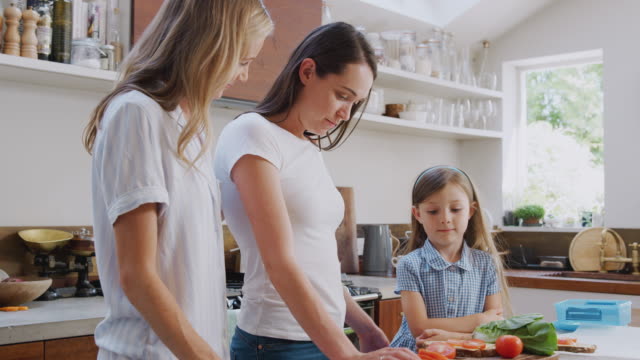 Same-Sex-Female-Couple-With-Daughter-Preparing-Meal-At-Home-Together
