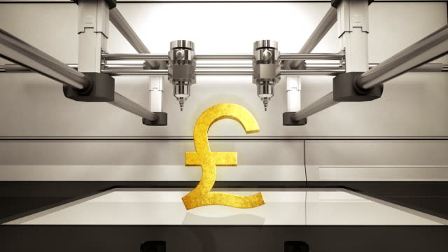 3D-Drucker-machen-Pfund-Geld-gold-Währung-zu-unterzeichnen,-3D-Scanner