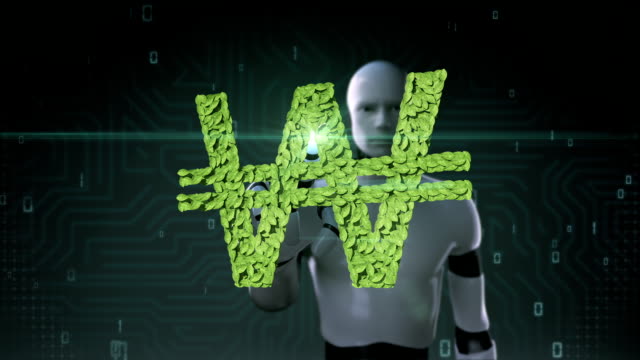 Roboter-Cyborg-berühren-grünes-Blatt-gewann-Zeichen,-aus-den-Blättern-gemacht.