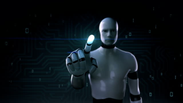 Robot-tocando-la-pantalla,-inteligencia-artificial,-informática,-science.1-humanoide.