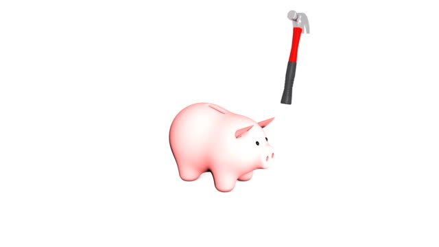 3D-Animation:-Business-Konzept-stark-uneinnehmbare-Sicherheit-Bank:-hammer-smash-Schweinchen-mit-Geld-versucht-und-fällt-auseinander.-Das-Schwein-ist-lächelnd.-Rosa-Münzen-Box-auf-weißen-Hintergrund-isoliert