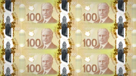 Banknoten-von-100-kanadischen-Dollar-von-der-Bank-of-Canada,-die-Rollen-auf-dem-Bildschirm,-Münzen-der-Welt,-Bargeld,-Schleife