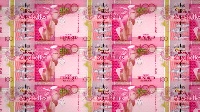 Banknoten-von-100-Rupien-der-Seychellen-Insel,-Bargeld,-Schleife