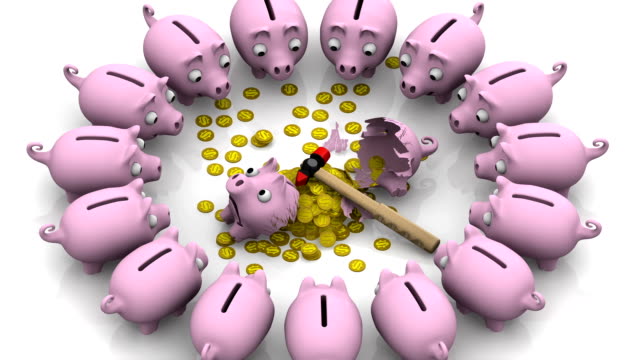 Broken-Pig-piggy-bank-with-coins-of-the-US-currency-is-surrounded-by-many-piggy-banks