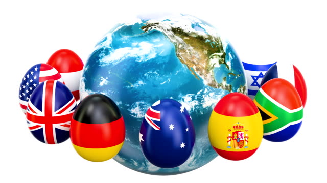 Easter-holiday-concept.-Eggs-with-flags-rotating-around-the-Earth,-3D-rendering-isolated-on-white-background