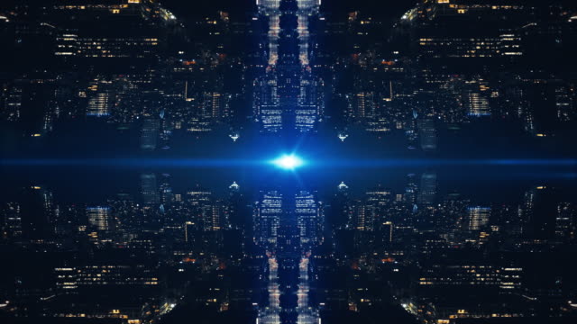 Futuristische-Tech-Hintergrund-Reflexion-Spiegel-der-Gebäude-der-Stadt-bei-Nacht-Antenne