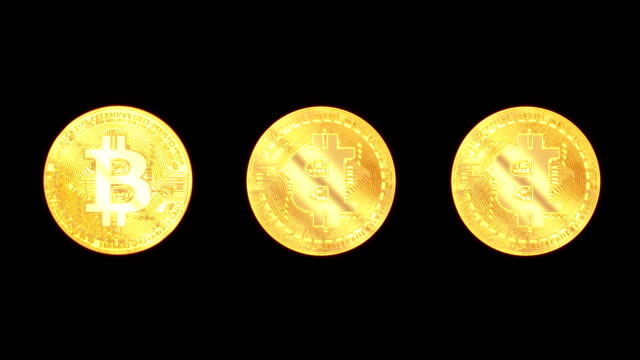 Set-of-rotating-golden-bitcoin-on-black-background-with-alpha-channel.