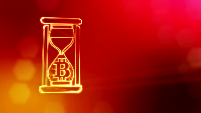 Sign-of-bitcoin-in-hourglass.-Financial-background-made-of-glow-particles-as-vitrtual-hologram.-Shiny-3D-loop-animation-with-depth-of-field,-bokeh-and-copy-space..-Red-background-v1