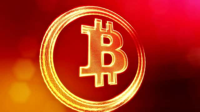 Bitcoin-Logo-auf-einer-Münze-von-Partikeln.-Finanzieller-Hintergrund-aus-Glühen-Teilchen-als-Vitrtual-Hologramm.-Glänzende-Schleife-3D-Animation-mit-Tiefe-Feld,-Bokeh-und-Kopie.-Roten-Hintergrund-v1