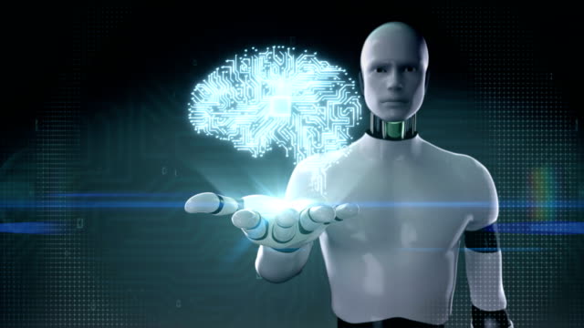 Robot,-cyborg-open-palm,-brain-connected-CPU-chip-circuit-board,-4K-size-movie.grow-artificial-intelligence