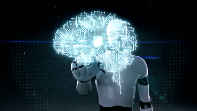 Robot,-cyborg-touching-brain-connected-CPU-chip-circuit-board,-4K-size-movie.grow-artificial-intelligence.-1.