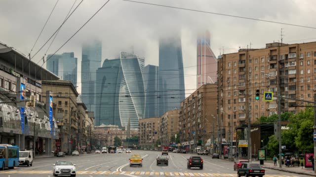 Moscow-city-skyline-timelapse-at-business-center-district,-Moscow-Russia-4K-Time-Lapse