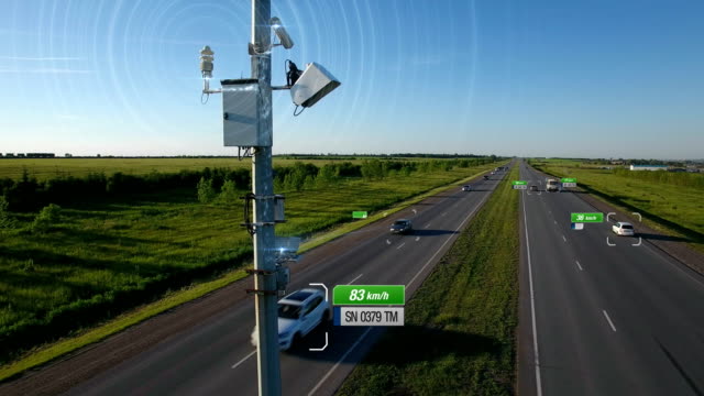 Traffic-speed-radar-tracking-control-illustration-with-infographic-automobile-car-automatic-speed-detection-and-send-information-to-police-center.-Artificial-intelligence-work.-Green-infographic-design.