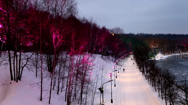 Weihnachtsdekoration-(Neujahr)-in-Moskau-(nachts),-Russland--Vorobyovskaya-Ufer-des-Flusses-Moskwa-und-Sperlingsbergen-(Worobjowy-Gory)