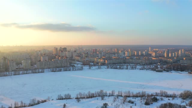 Aerial-view-of-Obolon-district-of-Kiev-city-in-winter,-Ukraine