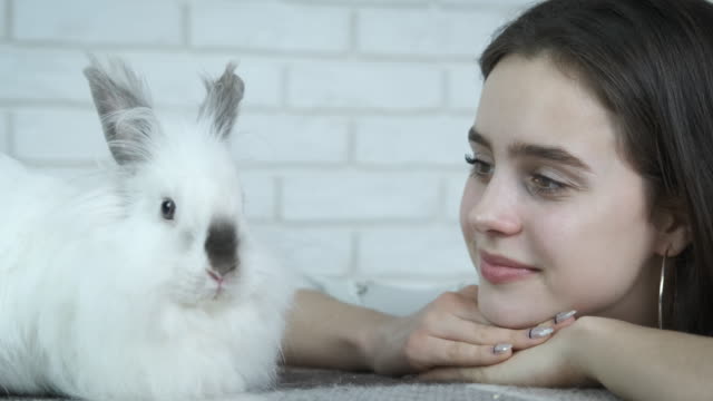 Ein-Mädchen-mit-einem-schönen-weißen-Kaninchen.