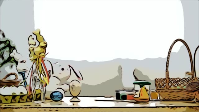 Little-boy-is-hiding-under-the-wooden-table,-full-of-Easter-decorations:-basket,-yellow-chicken,-colorful-eggs-pains-and-paint-brush.-Boy-is-playing-with-a-cute,-soft-white-bunny-with-pink-ears,-on-the-table.