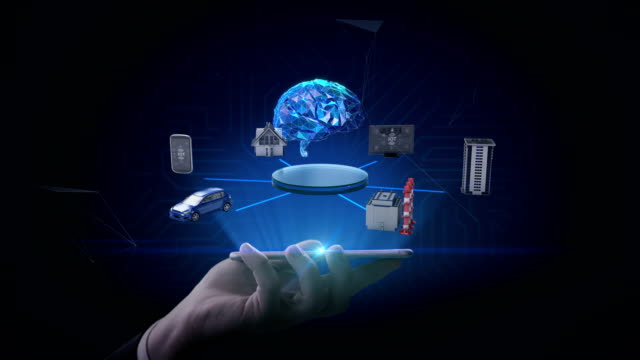 Heben-Smartphone,-Handy,-Smart-House,-Fabrik,-Gebäude,-Auto,-Internet-Sensor-verbinden-'Digital-Brain',-4k-Film.