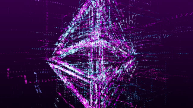 Ethirium-sign-animation,-virtual-money.-Consists-of-a-stream-of-numbers-and-symbols-in-digital-space.