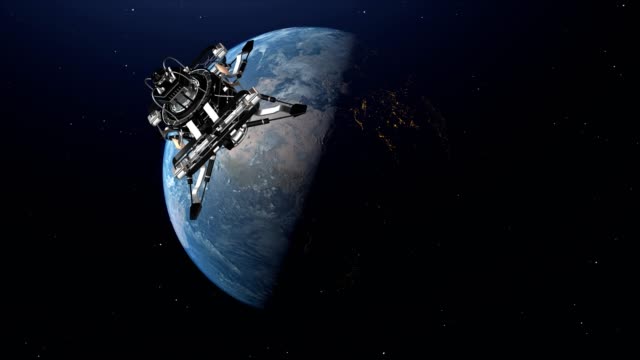 Satellit-fliegt-über-die-Erde-im-Weltraum,-4K-Auflösung-Video