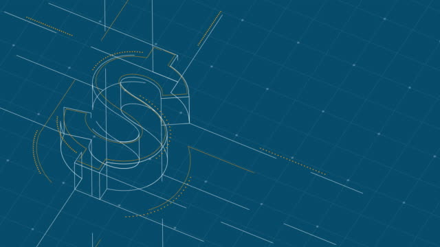 Währung-USD-(US-Dollar)-isometrische-Symbol-Punkt-und-Strich-Linie-Rahmen-Struktur-Muster-Wireframe,-Digital-Money-Kryptowährung-Konzept-auf-blauem-Hintergrund-Animation-4K