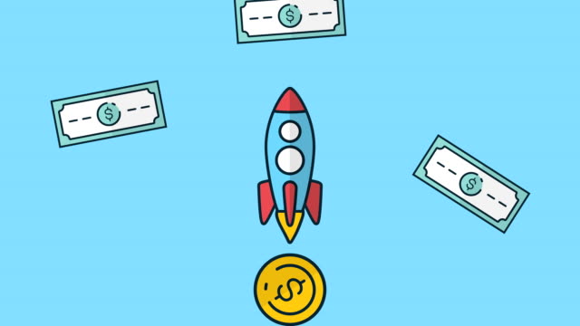 Banknoten-und-Münzen-Dollar-Regen-mit-Rakete-Wirtschaft-Animation