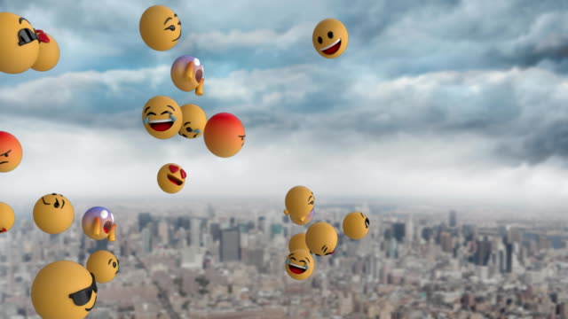 Iconos-Emoji-volando-sobre-el-paisaje-urbano-4k