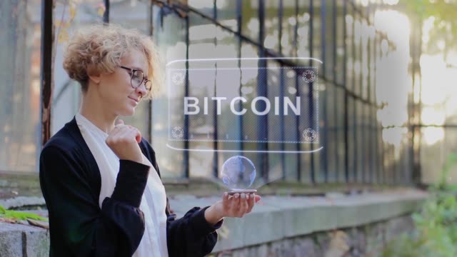 Blonde-verwendet-Hologramm-Bitcoin