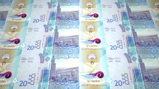 Banknotes-of-twenty-kuwaiti-dinar-of-the-bank-of-Kuwait-rolling-on-screen,-coins-of-the-world,-cash-money,-loop